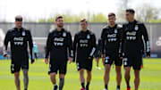 Angel Di Maria, Rodrigo De Paul, Lionel Messi, Giovanni Lo Celso, Leandro Paredes entrenan con la selección